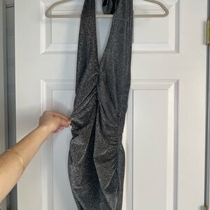 SHEIN Silver Ruched Backless Halter Dress